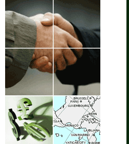 An image of two businessmen shaking hands, currency symbols and a European man.
